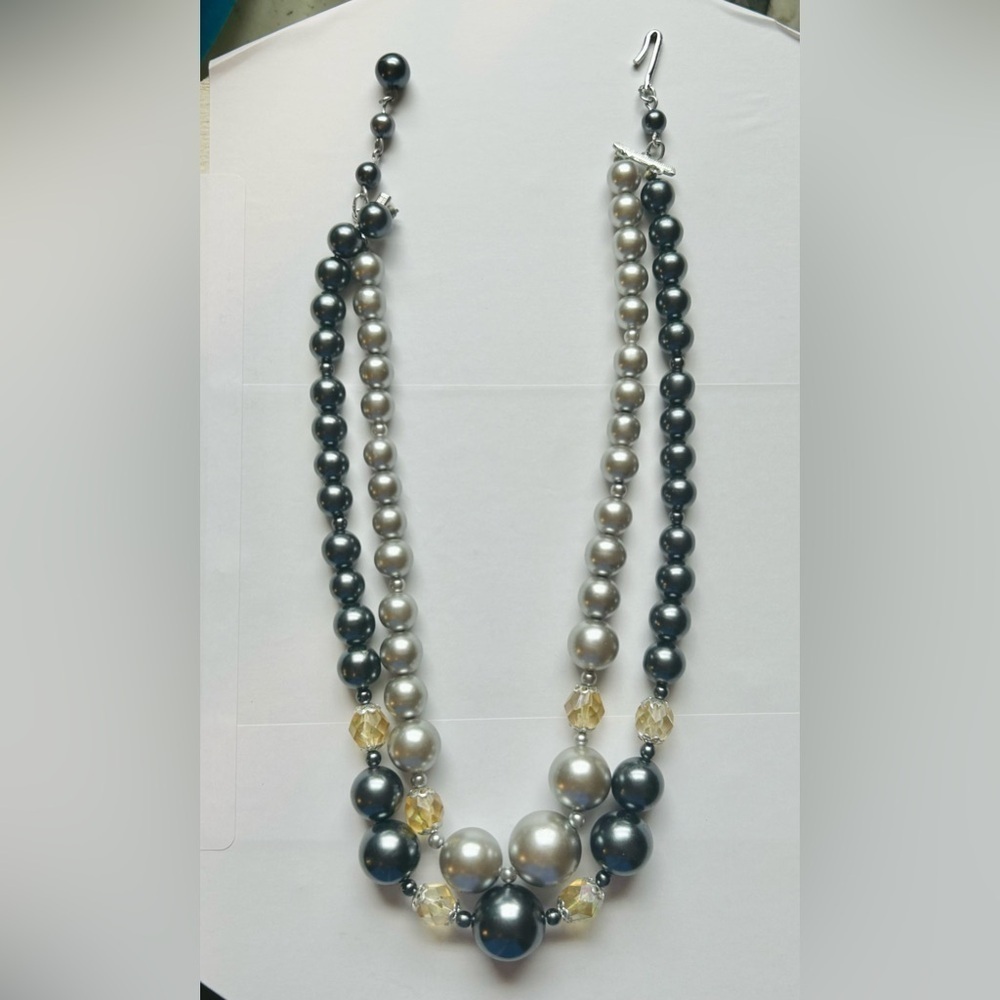 Vintage Silver Tone Chunky Baroque Faux Pearl AB Crystal Multi Strand Necklace